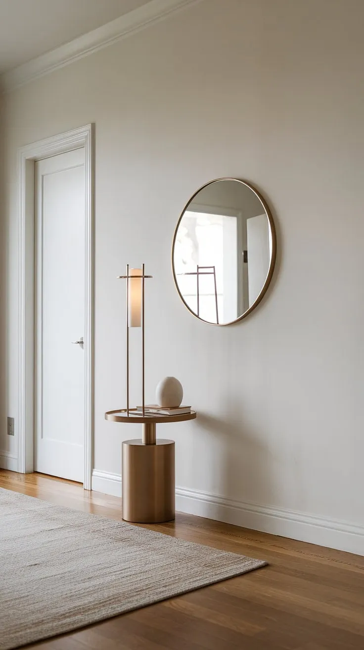 Step into serenity. This minimalist entryway, with its elegant design and cozy hallway feel, offers a perfect blend of modern entryway style and functional entry room design. The minimalist console table and subtle lighting create a welcoming minimalist hallway atmosphere.