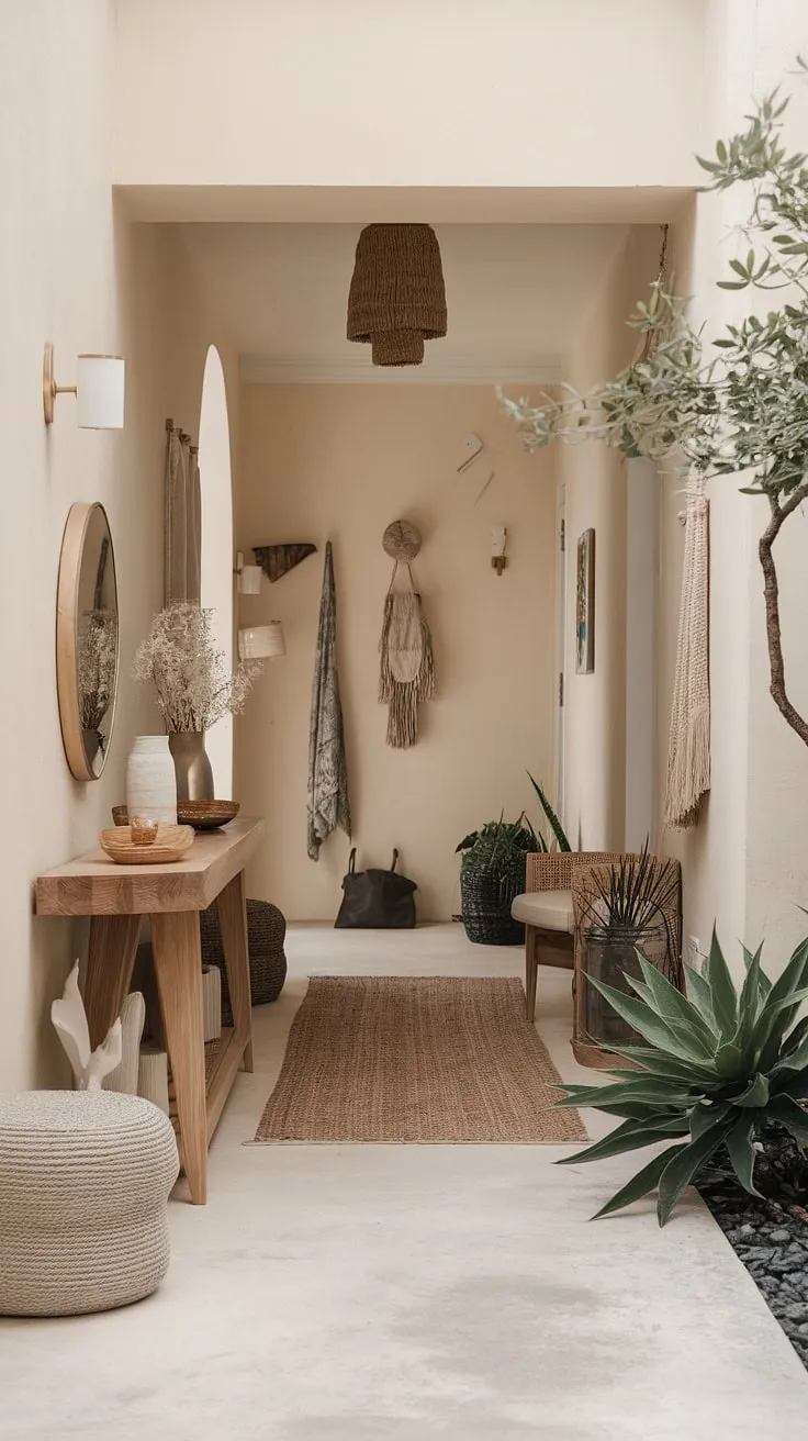 Step into serenity with this minimalist entryway. The elegant design features a cozy hallway, brightened by natural light and accented with a minimalist console table, perfect for showcasing a few cherished items. This modern entryway offers entry room inspiration, showcasing simple yet sophisticated entryway ideas.