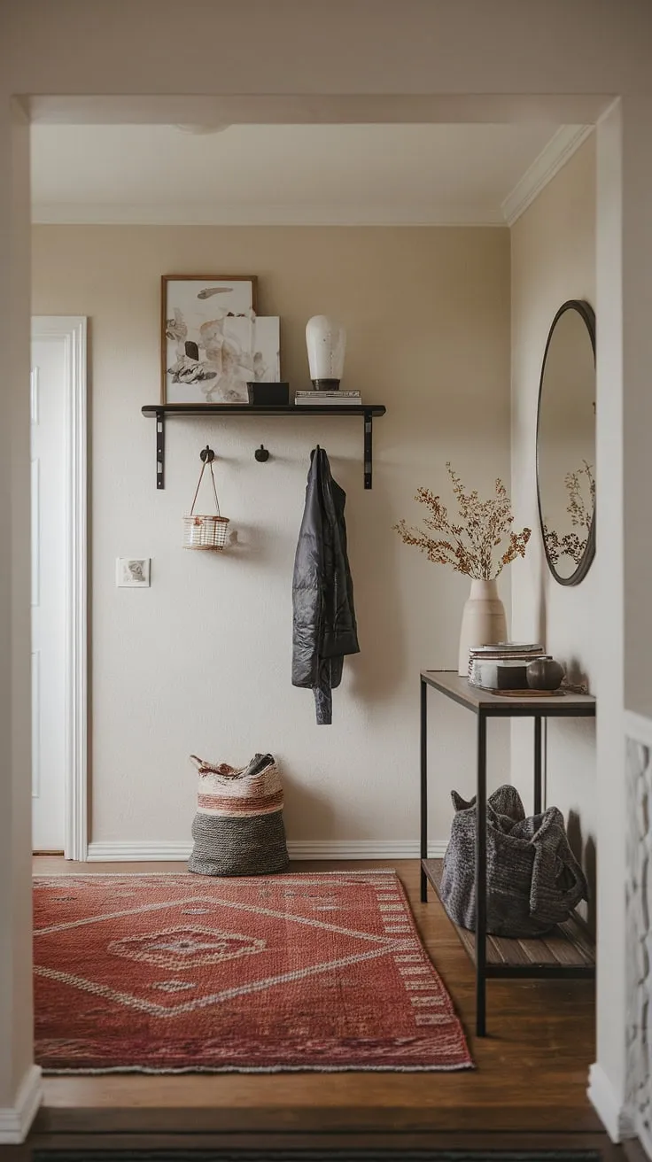 Step into serenity. This minimalist entryway, with its cozy hallway and elegant entryway design, offers a perfect blend of modern style and warmth. Entry room goals achieved with a minimalist console table and thoughtful entryway ideas.