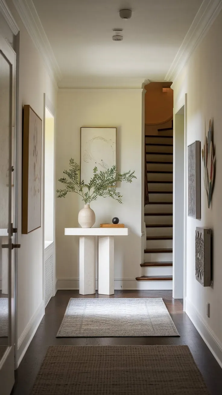 Modern entryway perfection: Entryway ideas for a stylish and welcoming home. This minimalist entryway and cozy hallway create an inviting atmosphere with a touch of elegance.