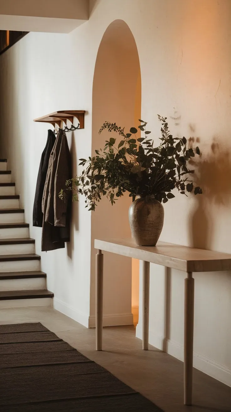 This minimalist hallway creates a sophisticated and cozy atmosphere. The minimalist console table and wooden coat rack are perfectly placed in this minimalist entryway, offering both style and functionality. The dark rug and warm lighting complete the look, making this entry room a welcoming space. Explore these entryway ideas for your own elegant entryway design.