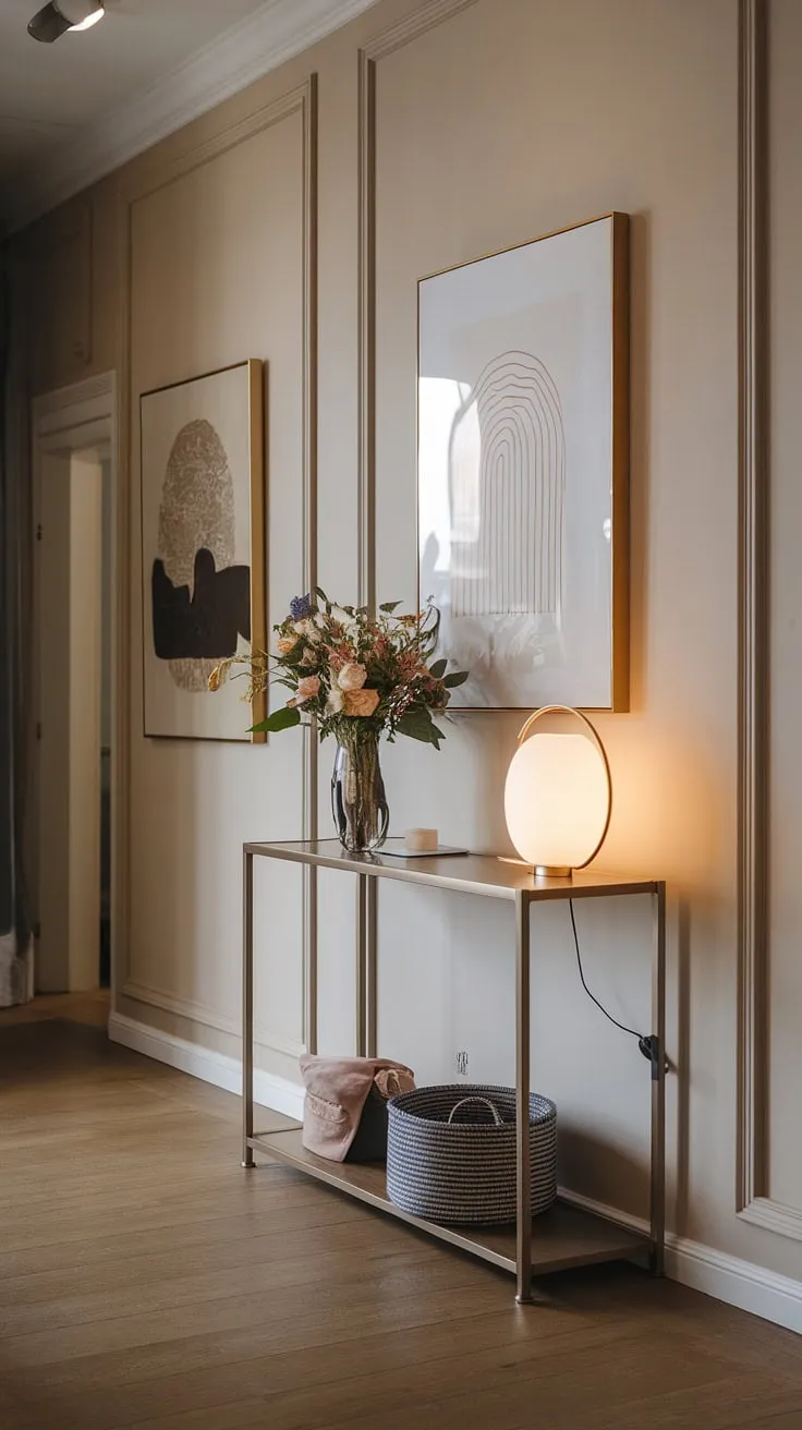 A minimalist console table and carefully curated artwork transform this cozy hallway into a stunning modern entryway. The warm wood floors and soft lighting contribute to the elegant and inviting feel of this minimalist hallway. Perfect entryway ideas for a sophisticated yet comfortable home. This minimalist entryway is the epitome of understated chic.