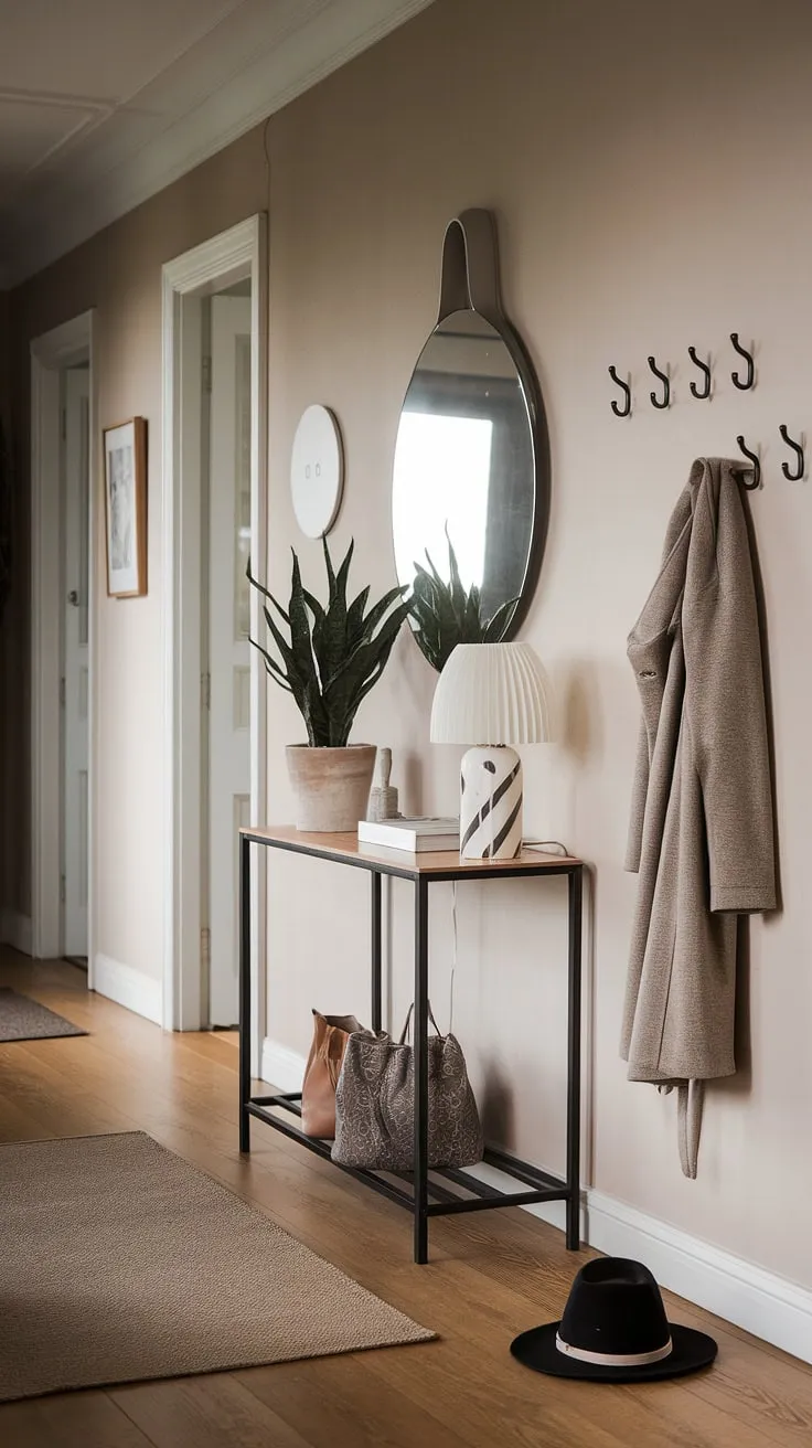 A minimalist console table anchors this elegant entryway, creating a welcoming modern entryway in a cozy hallway. Simple entryway ideas for a stylish and functional minimalist entry room.
