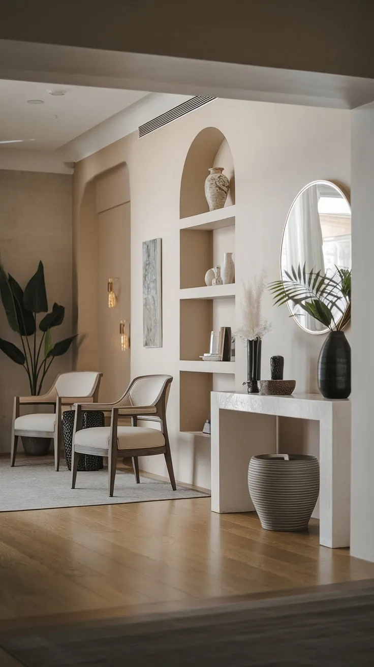 Elegant entryway ideas abound in this cozy hallway. The minimalist console table and soft lighting create a welcoming modern entry room, showcasing the beauty of a minimalist entryway.