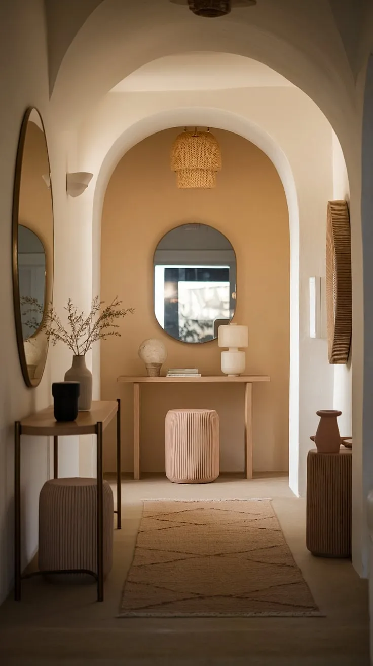 Transform your entry room with these entryway ideas. This minimalist hallway boasts a cozy atmosphere and an elegant, modern entryway, all centered around a minimalist console table.