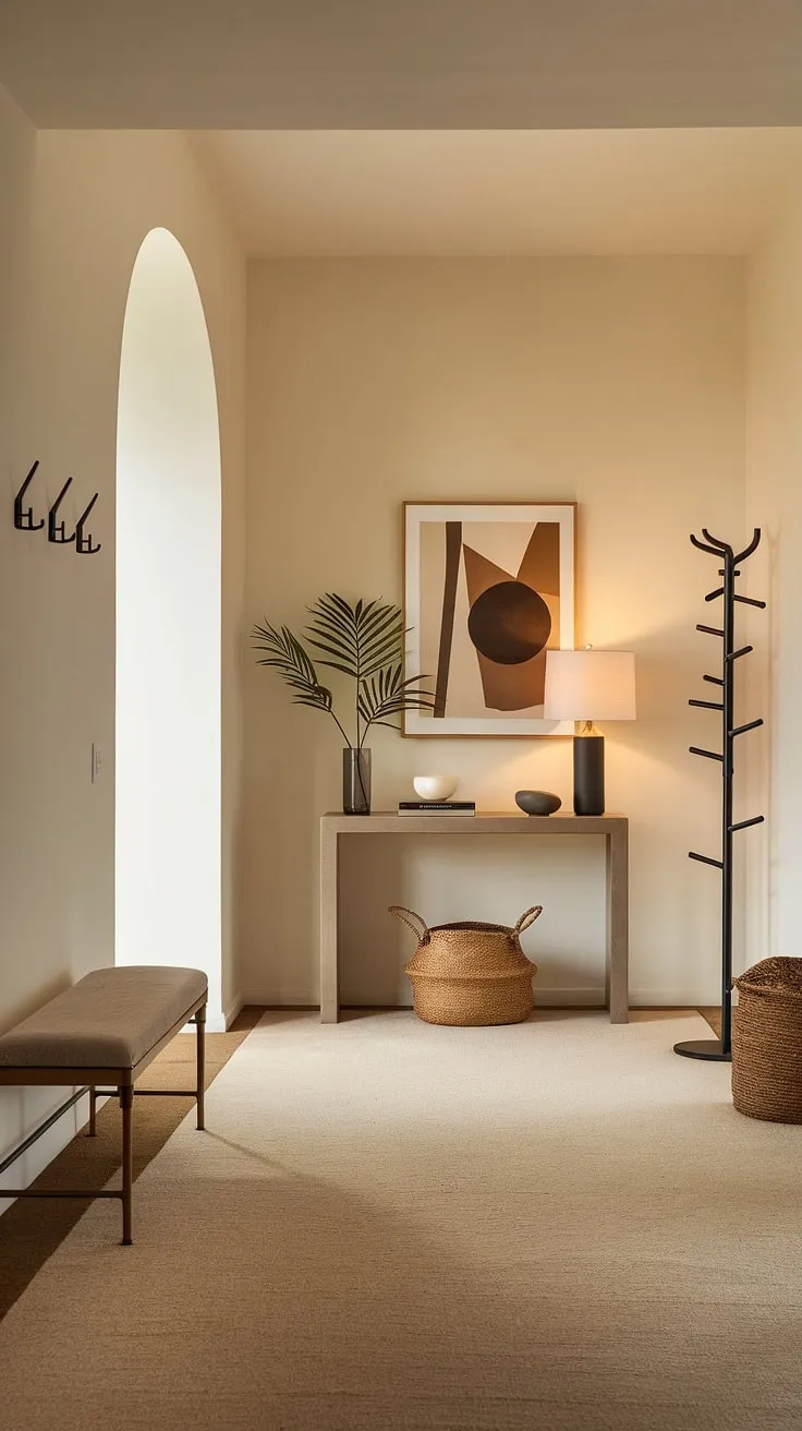 This elegant entryway showcases the beauty of minimalist design. A minimalist console table anchors this cozy hallway, adding a touch of sophistication to the modern entryway. The neutral color palette and thoughtful placement of furniture create a welcoming entry room, offering inspiring entryway ideas for a minimalist hallway. The overall effect is both stylish and inviting.