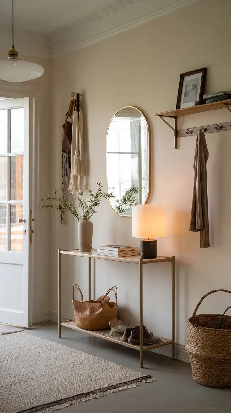 Step into serenity: This minimalist entryway sets the tone for the entire home. Elegant entryway design meets cozy hallway comfort with a minimalist console table as the focal point.