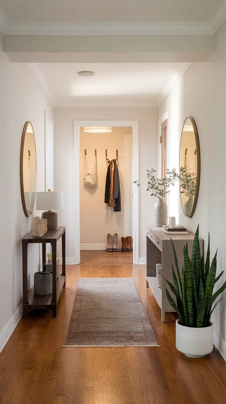 This modern entryway is the epitome of minimalist hallway design. The elegant entryway boasts a cozy feel, thanks to the warm lighting and strategically placed plant. A minimalist console table anchors the space, offering both practicality and style. Consider this image for your next entryway ideas, creating a welcoming and sophisticated entry room.