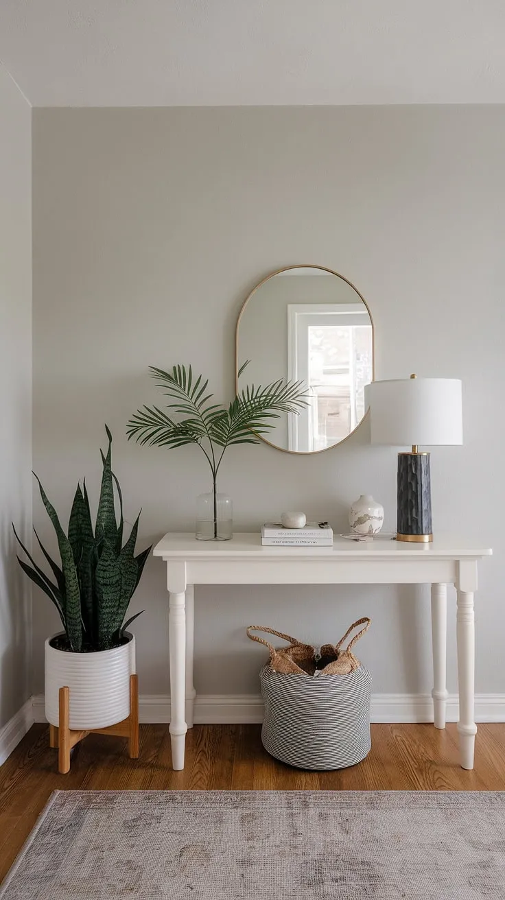 This cozy hallway showcases a minimalist entryway, featuring a minimalist console table styled with simple elegance. The muted gray walls and wood flooring complement the modern entryway design, creating a welcoming and stylish minimalist hallway. Explore these entryway ideas for your own elegant entry room.