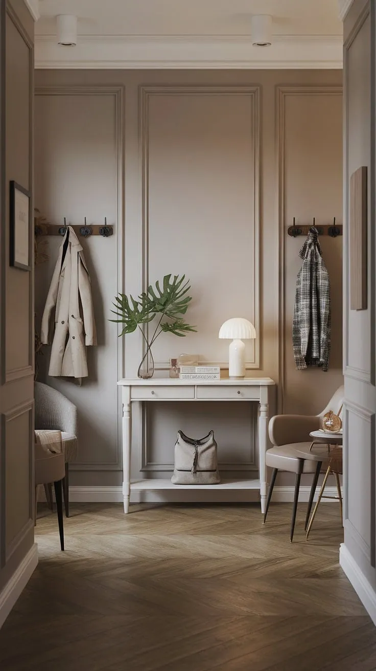 A minimalist console table anchors this modern entryway, its clean lines complementing the cozy hallway's wooden floors. A few carefully chosen items, including a plant and a lamp, add warmth to this elegant entryway. Simple wall hooks and a muted color palette complete the minimalist hallway design, offering practical and stylish entry room solutions. These entryway ideas showcase the beauty of a minimalist entryway.