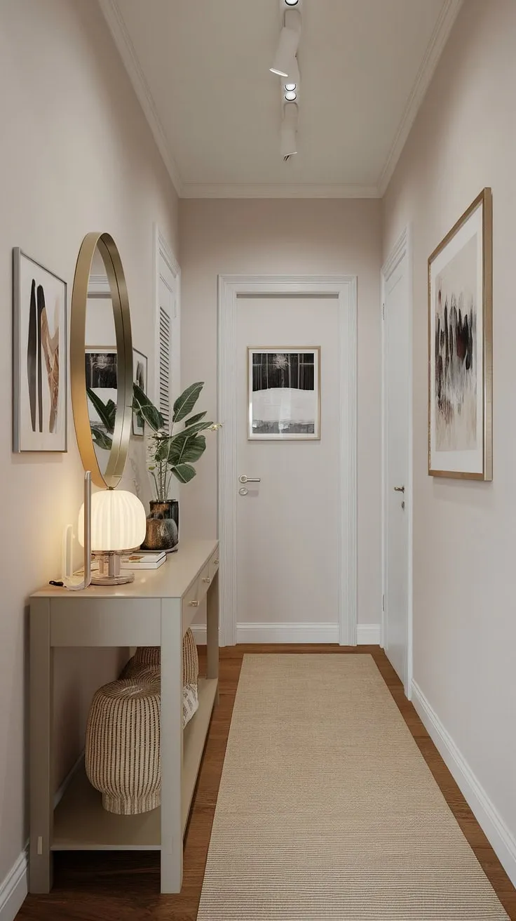 A picture of understated elegance: this cozy hallway boasts a minimalist hallway design with a beige minimalist console table and a round mirror. The simple yet sophisticated décor makes this modern entryway a true statement piece, offering plenty of entryway ideas for those seeking a minimalist entryway with a touch of warmth.