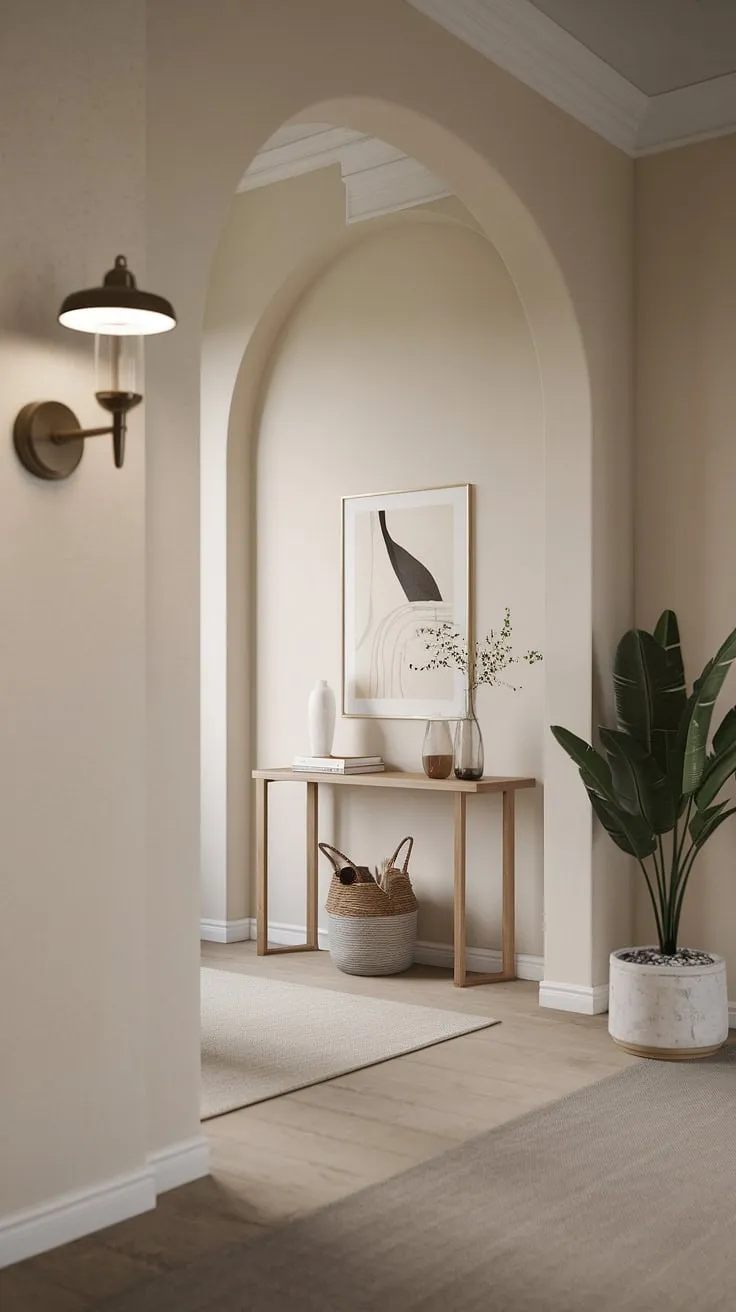 Step into serenity: This minimalist entryway sets the tone for a cozy hallway and elegant home. Modern entryway design with a minimalist console table makes for perfect entry room inspiration.