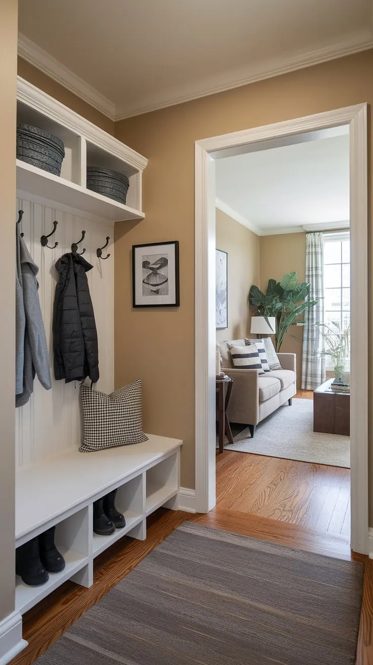 Maximize space and style in this entryway living room combo.  Clever mudroom design ideas, including a compact bench and coat hooks, create a functional small entrance, while seamlessly flowing into a cozy living area.  This small entrance decor idea proves that even small entrance halls and narrow entryway ideas for small apartments can be both stylish and practical.  Perfect small condo entryway ideas for maximizing your condo entrance ideas.
