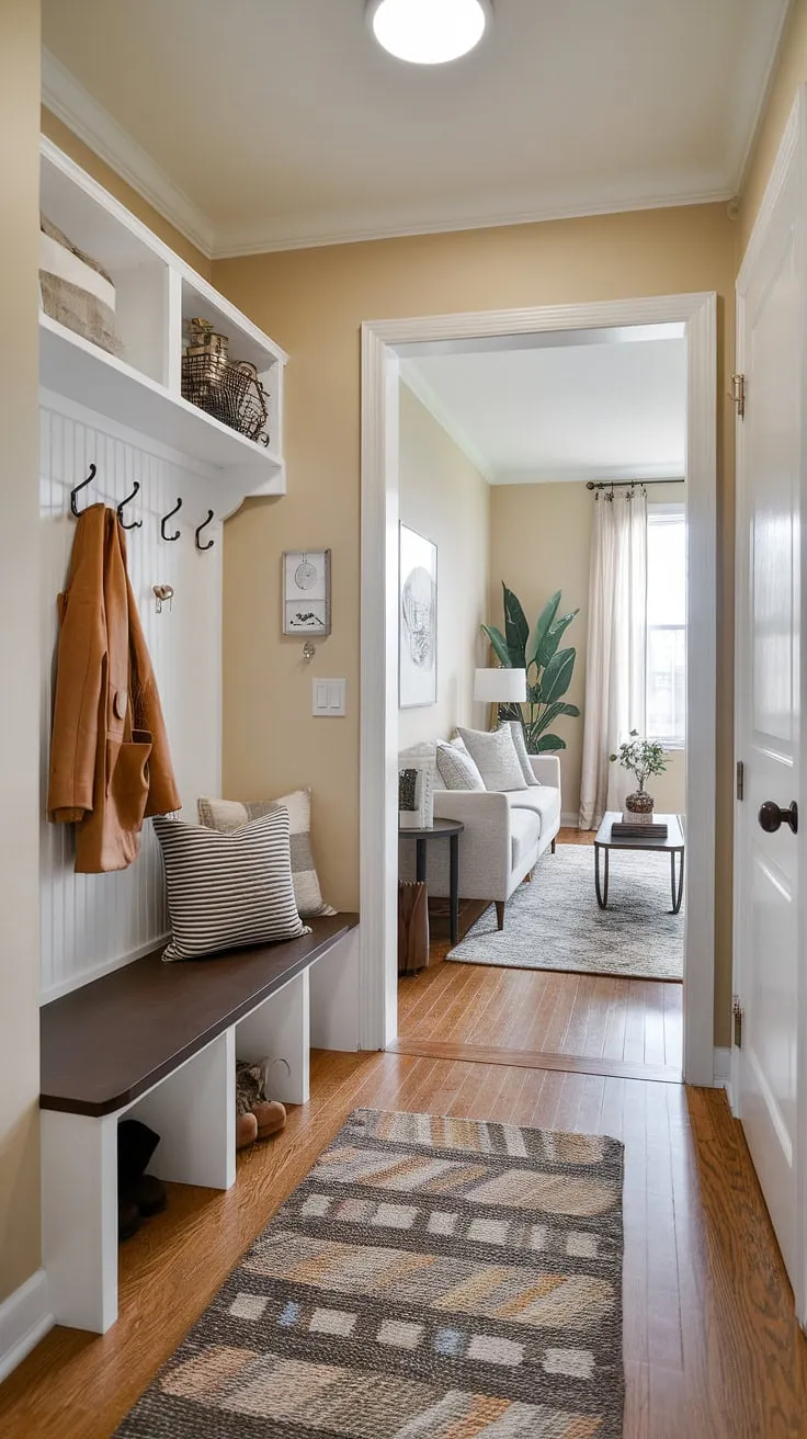 Maximize space and style in this entryway living room combo.  Clever mudroom design ideas, including a compact bench and coat hooks, create a functional small entrance, while seamlessly flowing into a minimalist living area.  This small entrance hall showcases how even narrow entryway ideas in small apartments can be both stylish and practical.  Perfect small condo entryway ideas for maximizing your small hallways and small entrance decor ideas.