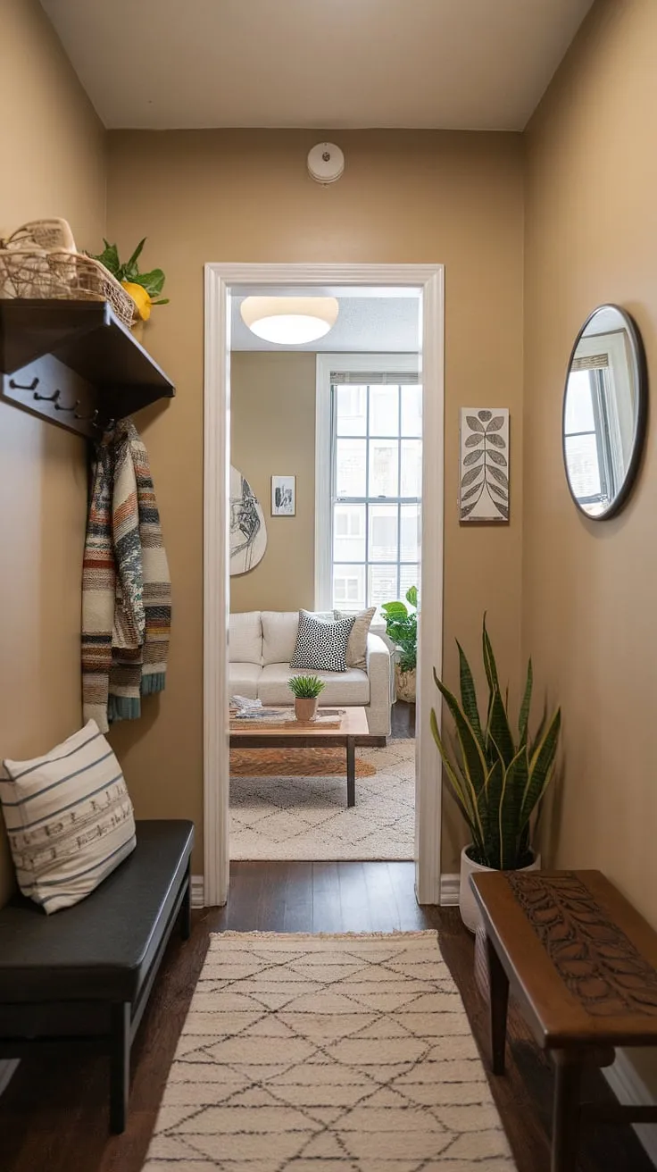 This small entrance decor ideas showcase how to seamlessly blend an entryway and living room entrance in a small condo.  The mudroom design, perfect for small entrance halls, utilizes small entryway furniture to maximize functionality.  These hallway designs and ideas for small hallways offer inspiration for anyone seeking narrow entryway ideas for small apartments or small entrance halls.  Transform your small entrance into a stylish and practical space with these entryway living room combo and mudroom design ideas.