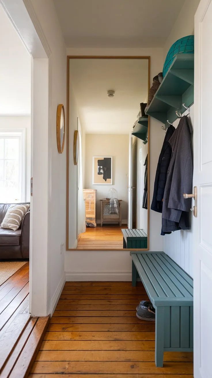 This clever entryway living room combo maximizes space in this small entrance hall.  The strategically placed mirror and compact bench with coat rack offer both functionality and style, proving that even small entrance halls can be both beautiful and practical.  This mudroom design, perfect for small hallways and apartments, showcases smart mudroom design ideas and small entryway furniture solutions.  It's a masterclass in narrow entryway ideas for small apartments and small condo entryway ideas, offering inspiration for condo entrance ideas and ideas for small hallways.