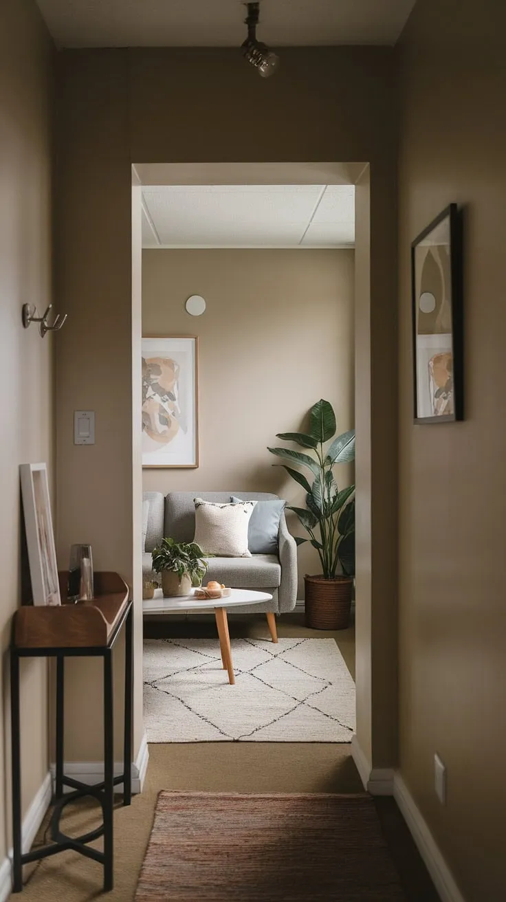 This cozy entryway living room combo maximizes space in a small condo.  Clever use of small entryway furniture and narrow entryway ideas for small apartments creates a seamless flow between the small entrance halls and the living area.  The mudroom design, though compact, offers practical storage solutions, showcasing brilliant small entrance decor ideas and apartment mudroom entry ways.  Ideas for small hallways are beautifully implemented, transforming this small entrance into a welcoming space.  This condo entrance ideas example proves that even small hallways and small entranceway ideas can be stylish and functional.