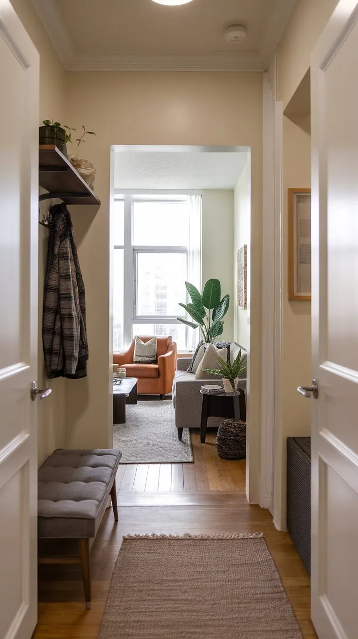 This apartment mudroom entry way demonstrates how to conquer small entrance halls.  Ideas for small hallways are brought to life in this entryway and living room entrance, showcasing a mudroom design that's both stylish and practical.  The small entrance is cleverly maximized with small entryway furniture, offering a perfect blend of functionality and aesthetic appeal.  This small entranceway, despite its size, feels spacious and welcoming, proving that even narrow entryway ideas for small apartments can create a stunning impact.  Perfect small condo entryway ideas for those seeking efficient mudroom design ideas.
