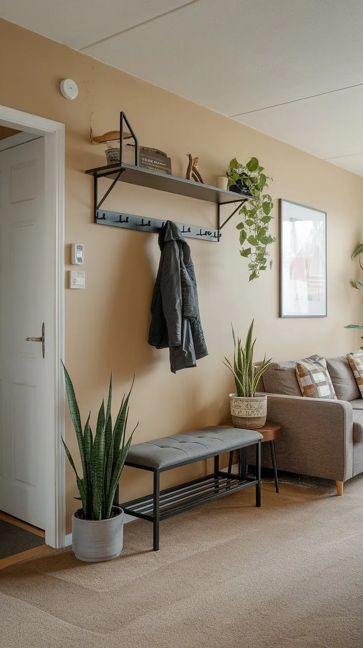 This small entrance, cleverly designed as an entryway and living room entrance, proves that even small entrance halls can be stylish and functional.  Mudroom design ideas are seamlessly integrated into this small condo entryway, maximizing space with small entryway furniture.  The result is a beautiful and practical space, offering inspiration for small hallways, narrow entryway ideas small apartment, and condo entrance ideas.  This mudroom design is a perfect example of how to create a welcoming atmosphere in small entrance halls, using small entrance decor ideas to transform a small entryway.