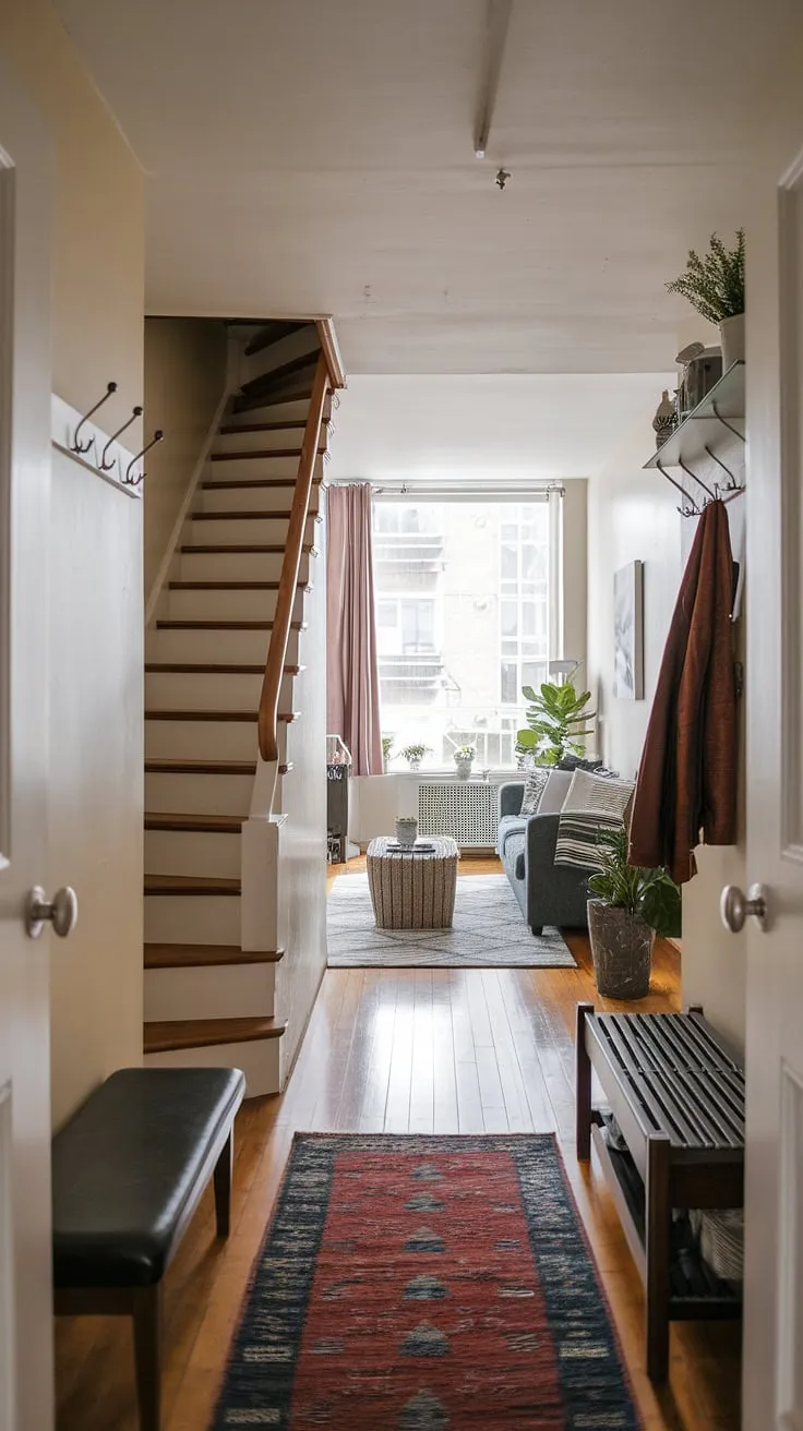 This bright and cozy condo boasts a functional and stylish entryway and living room entrance.  Small entrance halls are no match for these small entranceway ideas, transforming a small entrance into a welcoming space.  The mudroom design seamlessly integrates with the living room, offering clever mudroom design ideas and small entryway furniture solutions.  Explore ideas for small hallways and narrow entryway ideas for small apartments with this inspiring example of small entrance decor ideas and hallway designs.