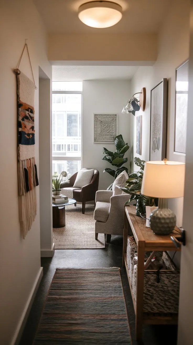 This cozy entryway living room combo maximizes space with clever design.  Small entrance halls are transformed into welcoming areas with thoughtful placement of small entryway furniture and a touch of personality.  Ideas for small hallways, like this narrow entryway, prove that even small entrance decor ideas can create a big impact.  Perfect small condo entryway ideas for those seeking mudroom design ideas without sacrificing style.