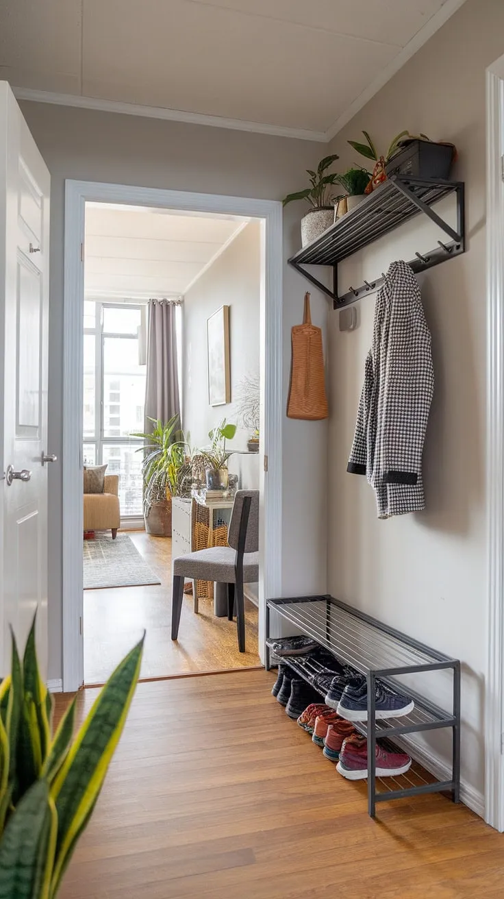 This small entrance hall cleverly maximizes space, seamlessly blending entryway and living room functions.  The compact design, featuring a shoe rack, coat rack, and small seating area, offers practical mudroom design ideas perfect for small entrance halls and narrow entryway ideas in small apartments.  It's a stylish example of small entrance decor ideas and condo entrance ideas, proving that even small hallways and small entrance halls can be both functional and beautiful.  This apartment mudroom entry way showcases how small entryway furniture can transform a small condo entryway.