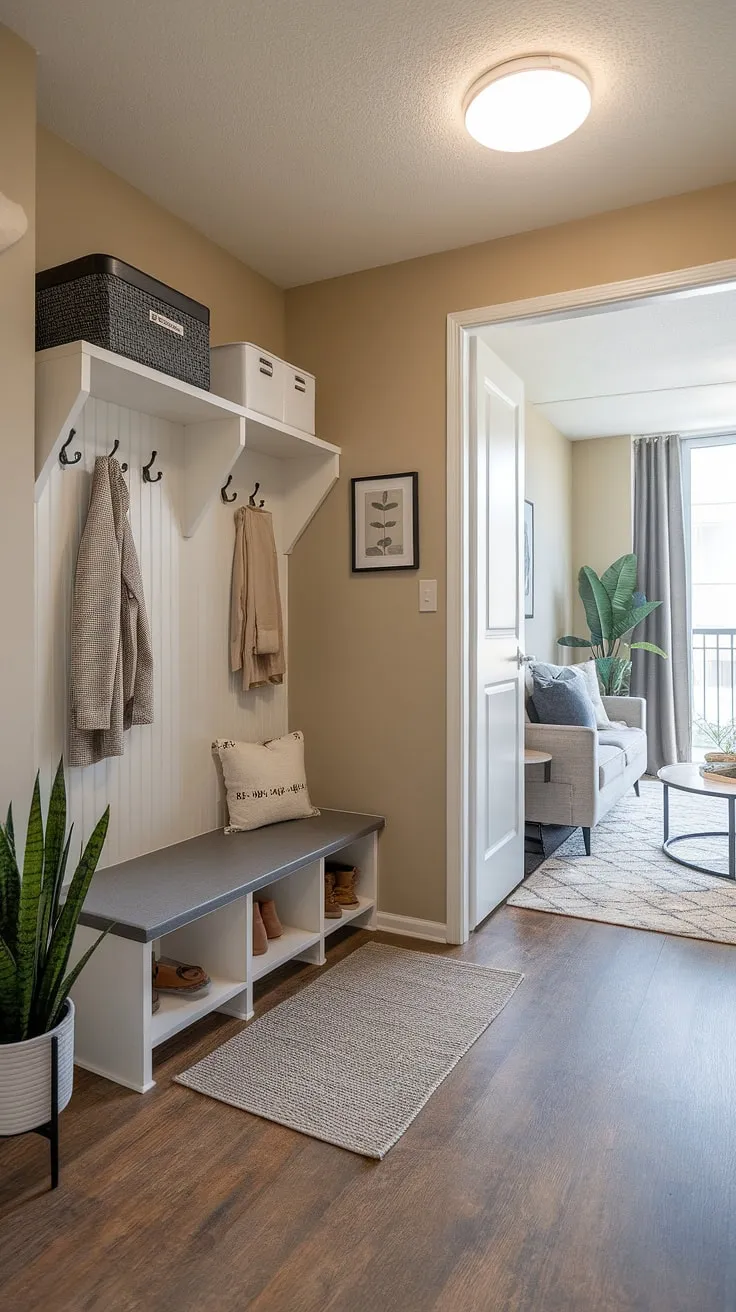 Maximize space and style in this entryway living room combo.  Clever mudroom design ideas, including a compact bench and shelves, transform this small entrance into a functional and inviting area.  Perfect small entrance decor ideas for small entrance halls, narrow entryway ideas for small apartments, and small condo entryway ideas, this design proves that even small hallways and apartment mudroom entry ways can be both beautiful and practical.  The hallway designs seamlessly flow into the living room, creating a cohesive and welcoming atmosphere.