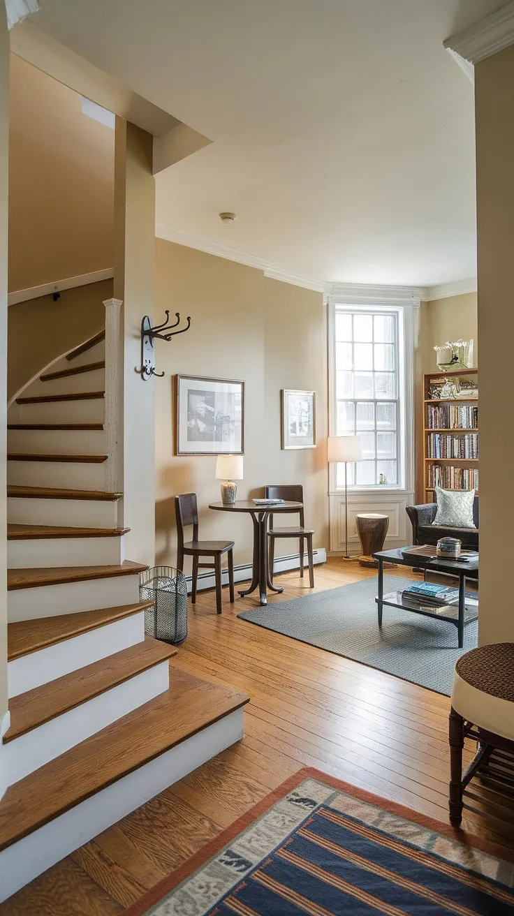 This small entrance seamlessly flows into a cozy living room, proving that entryway and living room entrance combos can be beautifully executed.  Small entrance halls don't have to feel cramped; this apartment mudroom entryway demonstrates how effective mudroom design is in maximizing space.  With smart small entryway furniture choices and narrow entryway ideas for small apartments, this condo entrance ideas showcases the potential of even the smallest spaces.  Explore these small entrance decor ideas and hallway designs for inspiration in your own small hallways.