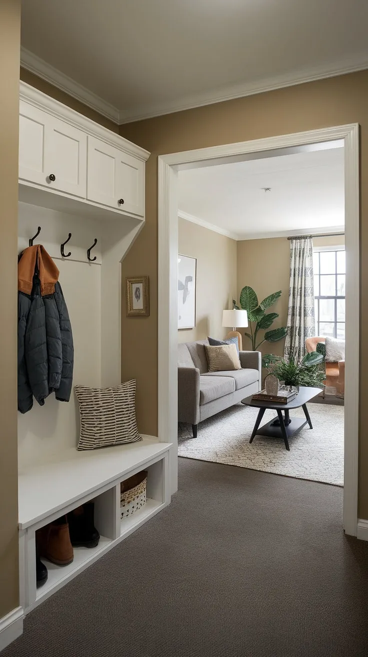 Maximize space and style in this entryway living room combo.  Clever mudroom design ideas, including a compact bench and storage cabinet, transform this small entrance into a functional and inviting area.  Perfect small entrance halls solutions for small apartments and condos, showcasing how even narrow entryway ideas can create a welcoming atmosphere. This apartment mudroom entry way proves that small entryway furniture and small entrance decor ideas can make a big impact.