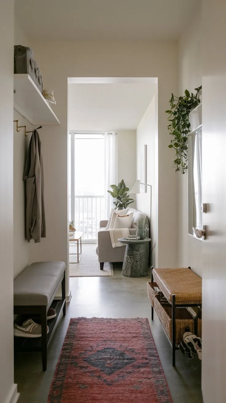 This bright and airy small entrance seamlessly blends entryway and living room entrance.  Small entrance decor ideas shine in this compact space, utilizing small entryway furniture to create a welcoming mudroom design.  The clever layout offers a wealth of inspiration for small entrance halls, entrance halls, and narrow entryway ideas small apartment.  Perfect for those seeking condo entrance ideas or mudroom design ideas, this space proves that even small hallways can be both stylish and functional.