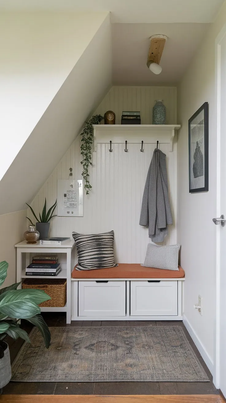 Maximize space and style in this charming entryway living room combo.  Clever storage solutions, like the built-in bench, and a thoughtful layout transform this small entrance into a functional and inviting space. Perfect examples of mudroom design ideas for small entrance halls, this condo entrance showcases how even narrow entryway ideas in small apartments can be both beautiful and practical.  This small entrance decor, with its blend of functionality and aesthetic appeal, offers inspiration for small hallways, hallway designs, and apartment mudroom entry ways.