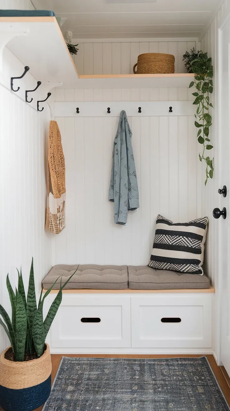 Maximize space and style in this tiny home entryway with a cleverly designed nook. The entryway storage bench provides ample shoe storage, while the shelf and hooks above offer additional home entrance organization. This small mudroom idea is perfect for narrow entryway closet ideas, showcasing how even the smallest spaces can be functional and charming. This tiny hallway idea proves that entryway storage ideas don't need to compromise on aesthetics.