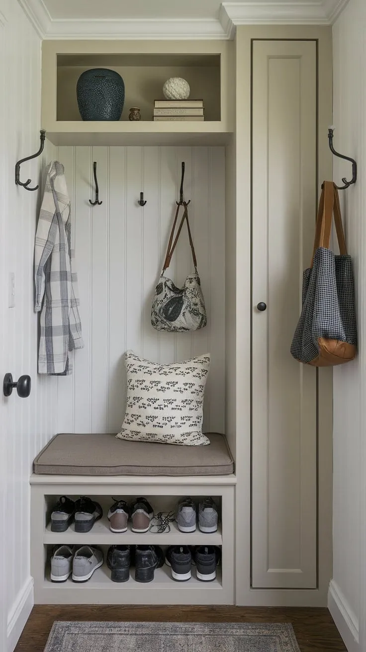 Maximize space and style in this charming entryway nook. Clever shoe storage, a shelf and hooks, and a narrow entryway closet offer smart solutions for small mudroom ideas and tiny home entryway organization. This is perfect entryway storage bench ideas for small entrance ideas and tiny hallway ideas.