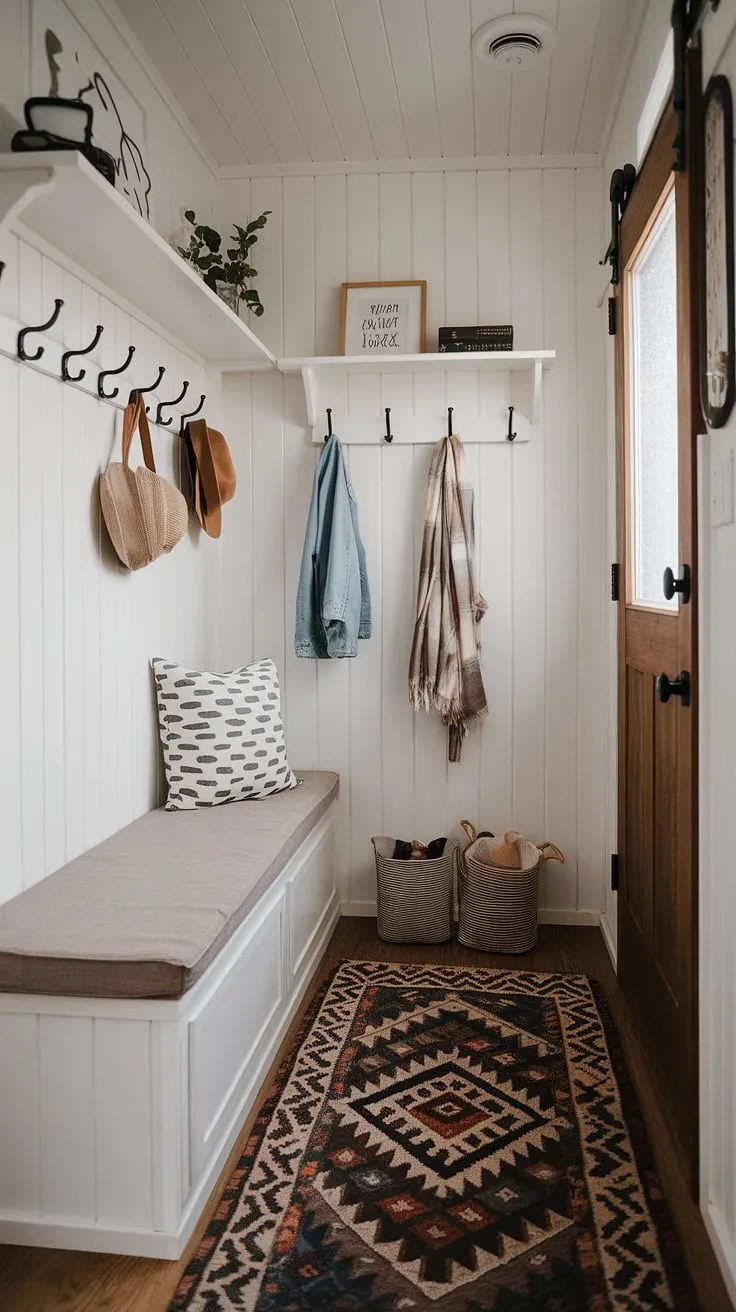 Maximize space and style in this charming entryway nook. Clever shelf and hooks, a storage bench, and a patterned rug transform this tiny home entryway into a functional and inviting small mudroom. Perfect small entrance ideas and narrow entryway closet ideas for home entrance organization.