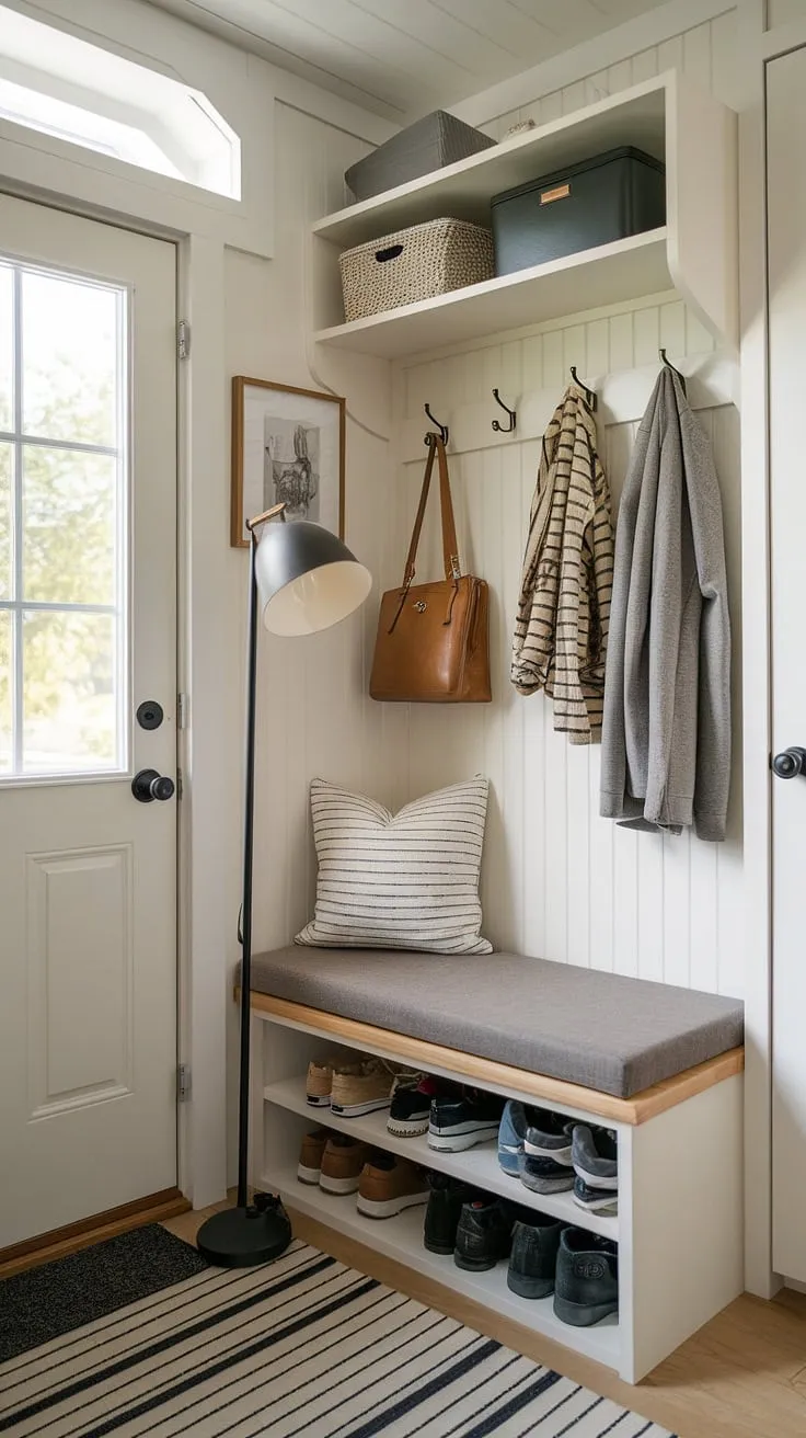 This tiny home entryway showcases brilliant entryway storage ideas. A compact entryway nook features a multifunctional storage bench for shoe storage, complemented by a shelf and hooks above. These small mudroom ideas are ideal for narrow entryway closet ideas, maximizing space and organization in a tiny hallway. The floor lamp adds a touch of warmth to this efficient entryway storage bench ideas and overall home entrance organization.