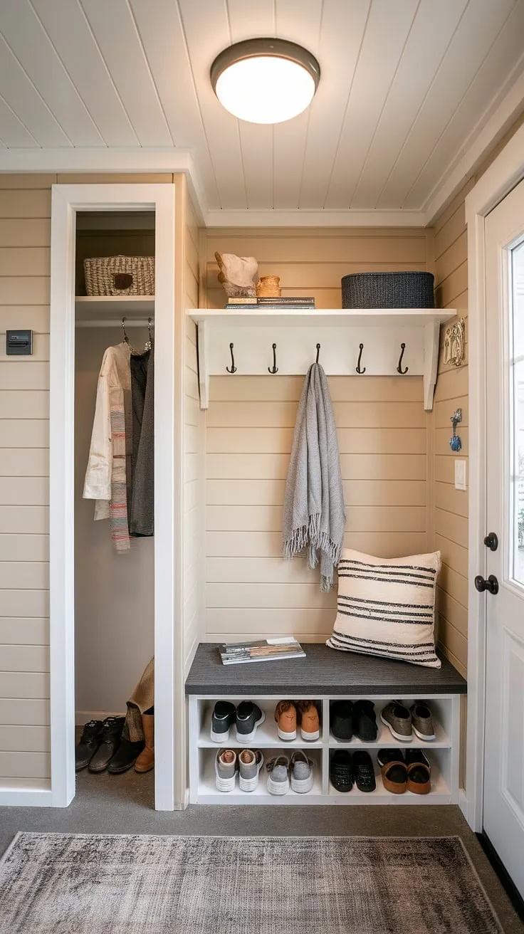 This tiny hallway's entryway nook proves that even small entrance ideas can be big on style and function. Entryway storage bench ideas, along with a shelf and hooks, provide ample entryway storage ideas for a perfectly organized small mudroom.