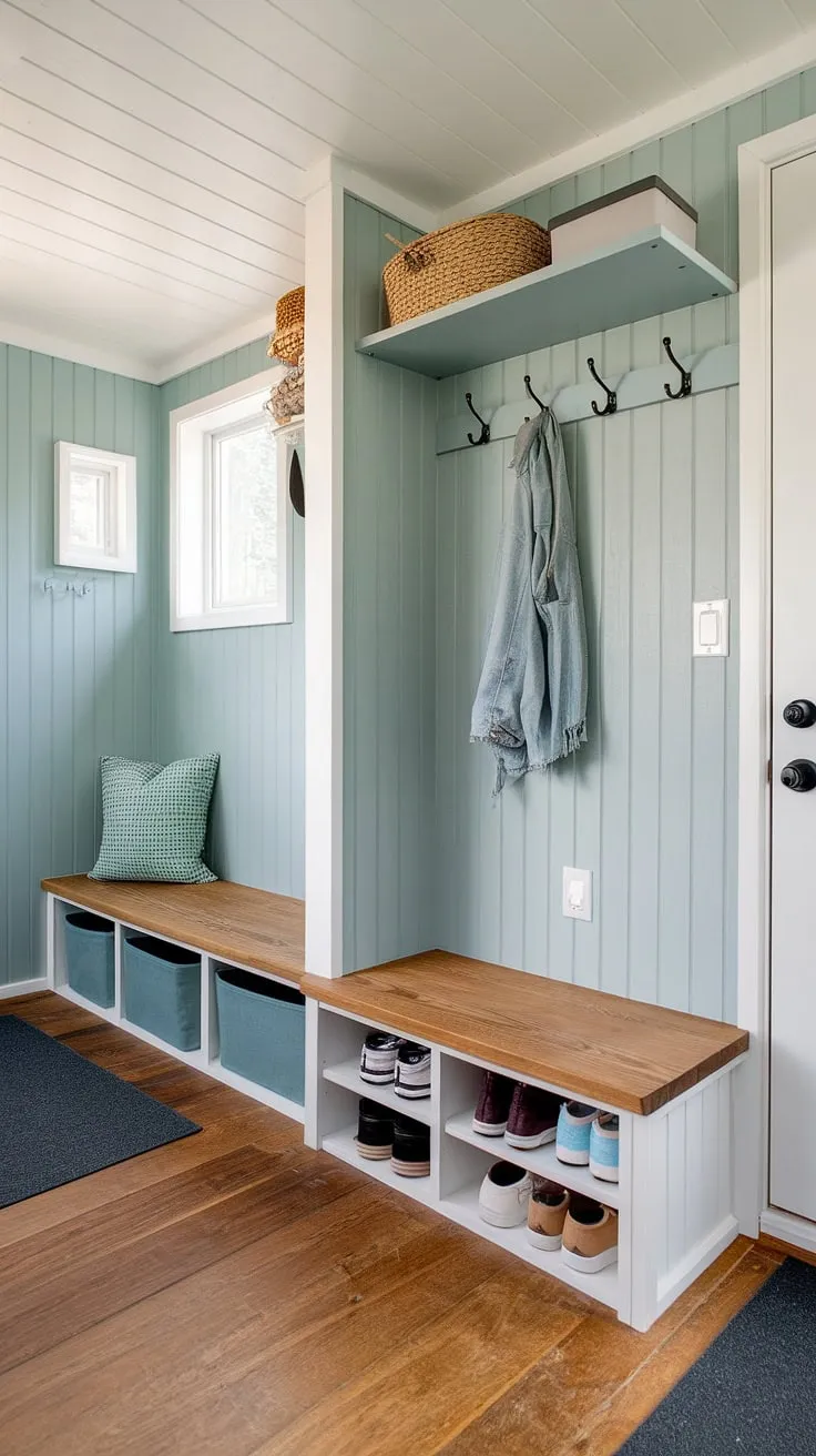 Maximize your tiny home's entryway with this space-saving design. This small entrance ideas solution incorporates a functional entryway nook with a built-in bench for seating and storage bins. Above, a shelf and hooks offer additional storage for everyday items. The dedicated shoe storage cleverly addresses a common entryway challenge, making this a perfect example of entryway storage ideas. The light blue walls and wood floors create a welcoming atmosphere in this small mudroom, demonstrating smart solutions for tiny hallway ideas and entryway storage bench ideas.