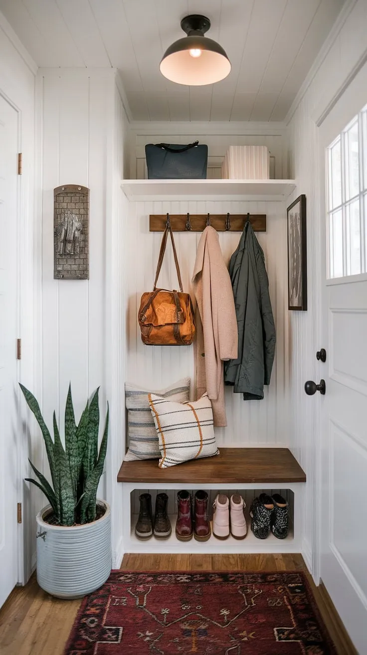 This charming entryway nook demonstrates how small entrance ideas can be both stylish and functional. The tiny home entryway features a narrow entryway closet cleverly designed with shelf and hooks, maximizing storage in a limited space. A small mudroom idea is seamlessly integrated with a storage bench for shoe storage, enhancing home entrance organization. This is a fantastic example of entryway storage ideas, entryway storage bench ideas, and narrow entryway closet ideas, perfect for those with tiny hallway ideas.