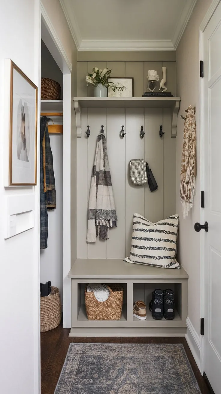 Maximize your small space with this functional entryway nook. Clever storage solutions like this entryway storage bench with shoe storage underneath, combined with a shelf and hooks above, offer efficient home entrance organization. Perfect for small mudroom ideas, tiny home entryway design, or even tiny hallway ideas, this setup demonstrates how narrow entryway closet ideas can be complemented by thoughtful entryway storage ideas. The added rug completes the look.