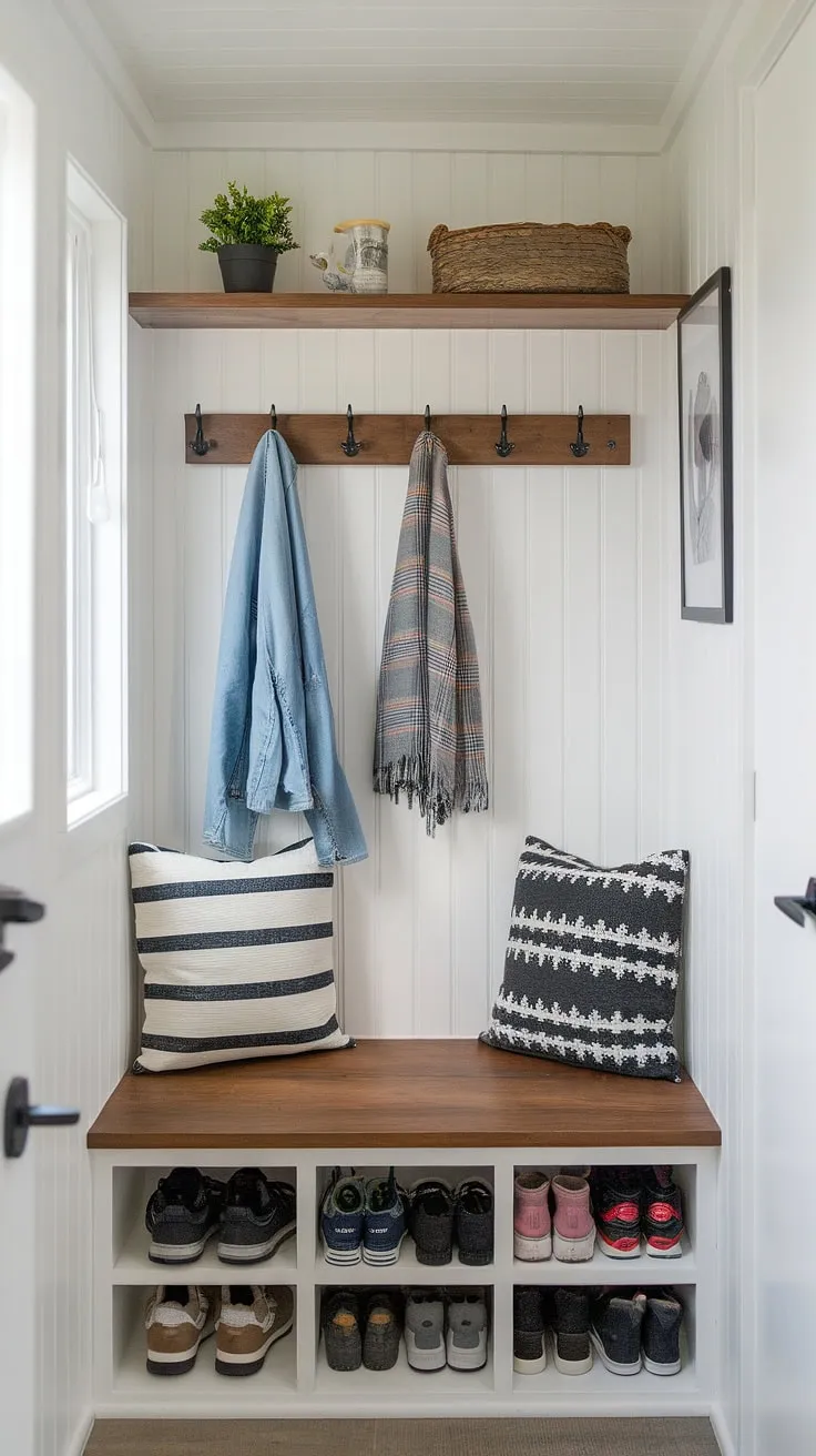 Maximize your space with this clever entryway nook. Small mudroom ideas meet shoe storage in this functional tiny home entryway, featuring a shelf and hooks, and a built-in storage bench. Perfect for narrow entryway closet ideas and home entrance organization.