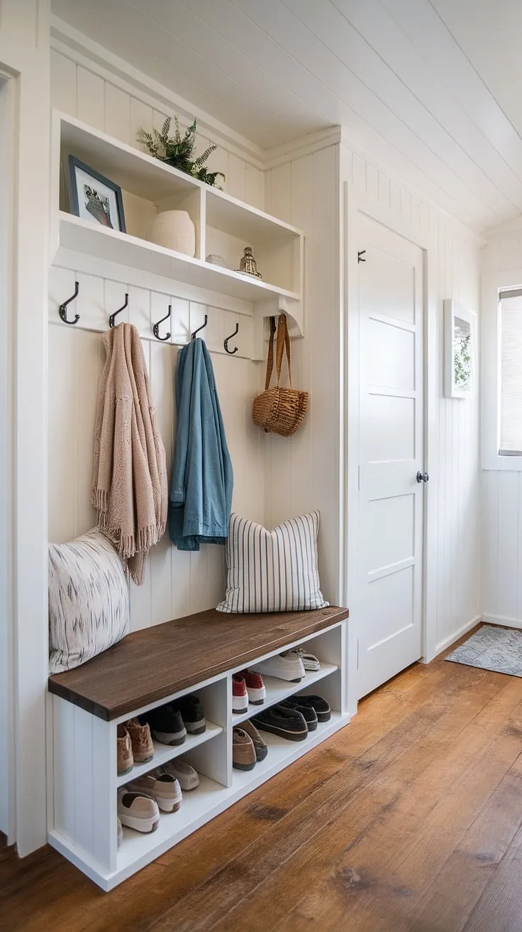 Maximize your space with this clever entryway nook. Small mudroom ideas like this shoe storage bench with shelf and hooks offer brilliant home entrance organization in even the tiniest hallway ideas. Perfect for narrow entryway closet ideas and entryway storage bench ideas.