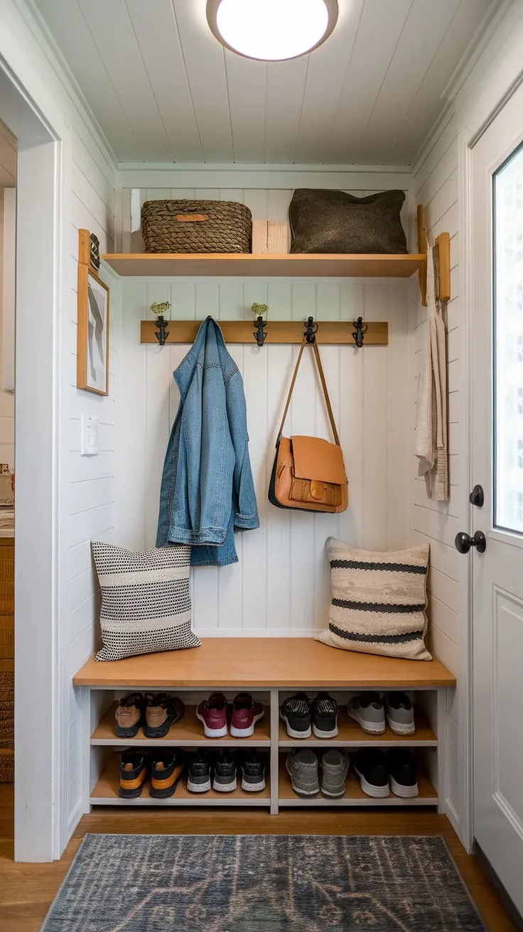 Maximize space in your tiny home entryway with this clever entryway nook. Small mudroom ideas like this utilize a shelf and hooks for coats and bags, while a shoe storage bench below keeps things tidy. This small entrance ideas solution also incorporates a narrow entryway closet for extra storage, proving that even tiny hallway ideas can be stylish and functional. Brilliant entryway storage ideas and entryway storage bench ideas for home entrance organization.