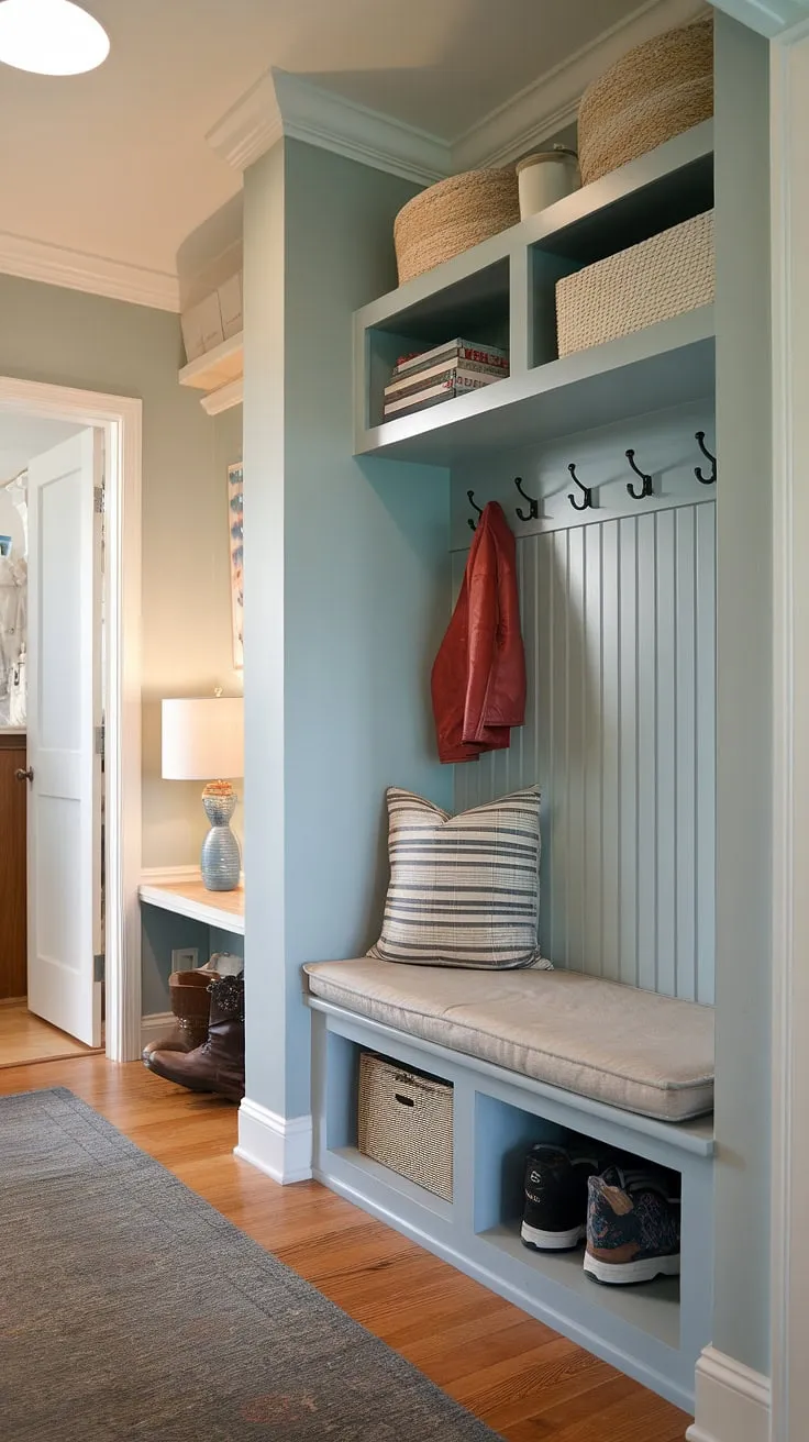 Maximize your space with this serene entryway nook. Clever small mudroom ideas, including a storage bench, shelf and hooks, and narrow entryway closet ideas, create the perfect home entrance organization solution for even the tiniest hallway or tiny home entryway. Shoe storage is a breeze!