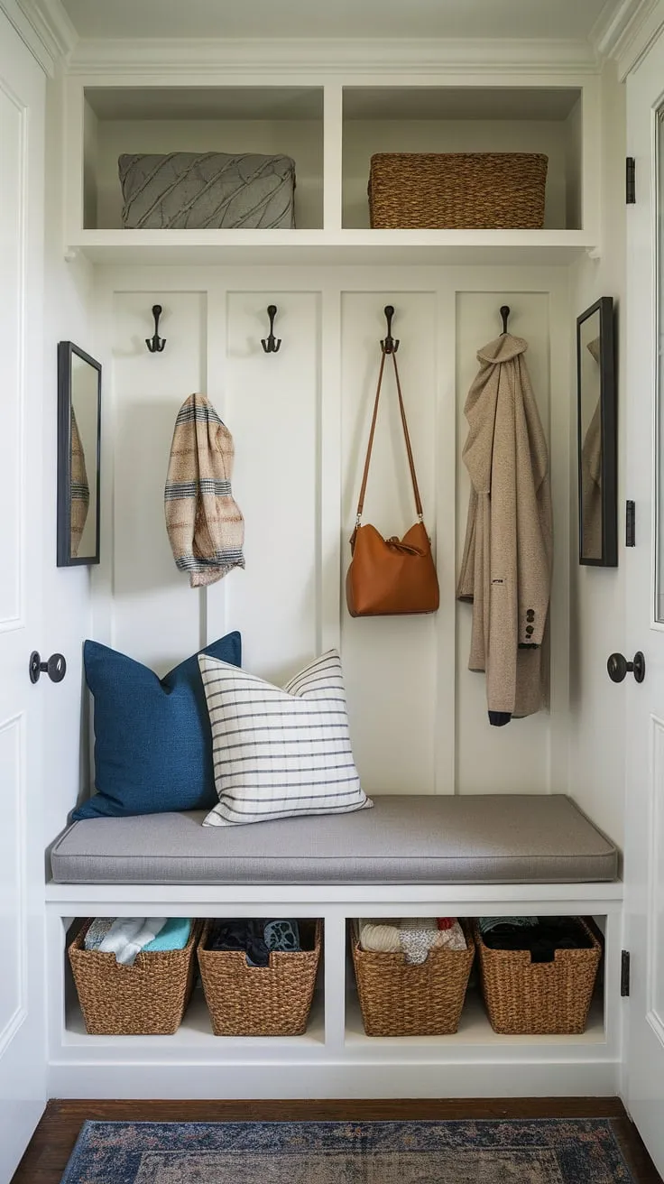 Transform a small entrance into a welcoming and organized entryway nook. This entryway storage bench idea, complete with shelves and hooks, provides smart entryway storage ideas, ideal for small mudroom ideas or those seeking solutions for tiny hallway ideas. Perfect for shoe storage and maximizing space.