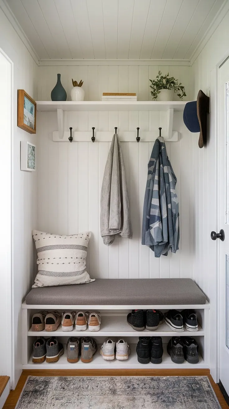 Step into this charming tiny home entryway, showcasing clever small mudroom ideas. The entryway nook maximizes space with a built-in shoe storage bench, complete with a comfy cushion, offering practical entryway storage bench ideas. Above, a shelf and hooks provide additional home entrance organization for coats and hats, while a cozy rug warms the narrow entryway closet ideas. This space proves that even tiny hallway ideas can be stylish and functional, offering ample entryway storage ideas for a small entrance.
