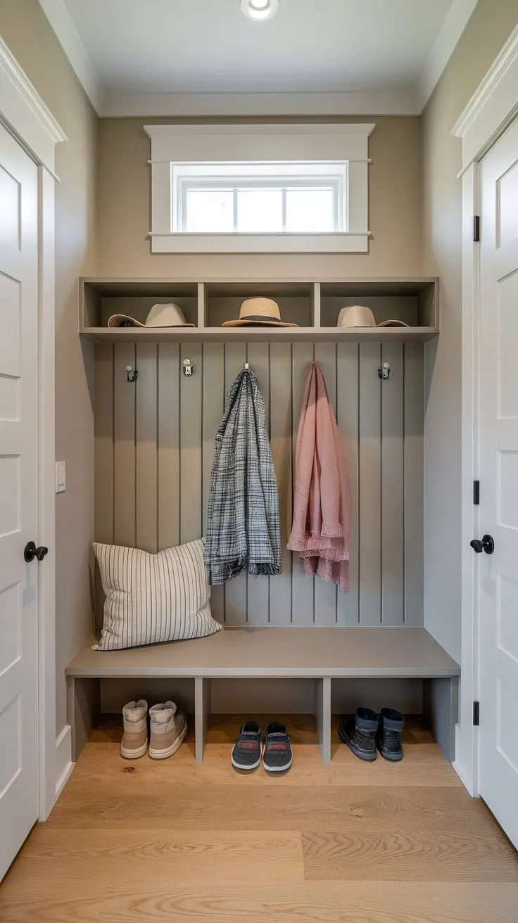 Transform a tiny hallway into a functional and inviting small entrance ideas with this entryway storage bench. This entryway nook showcases smart small mudroom ideas, utilizing shelf and hooks for coats and hats, providing ample entryway storage ideas. Ideal for tiny home entryway organization.