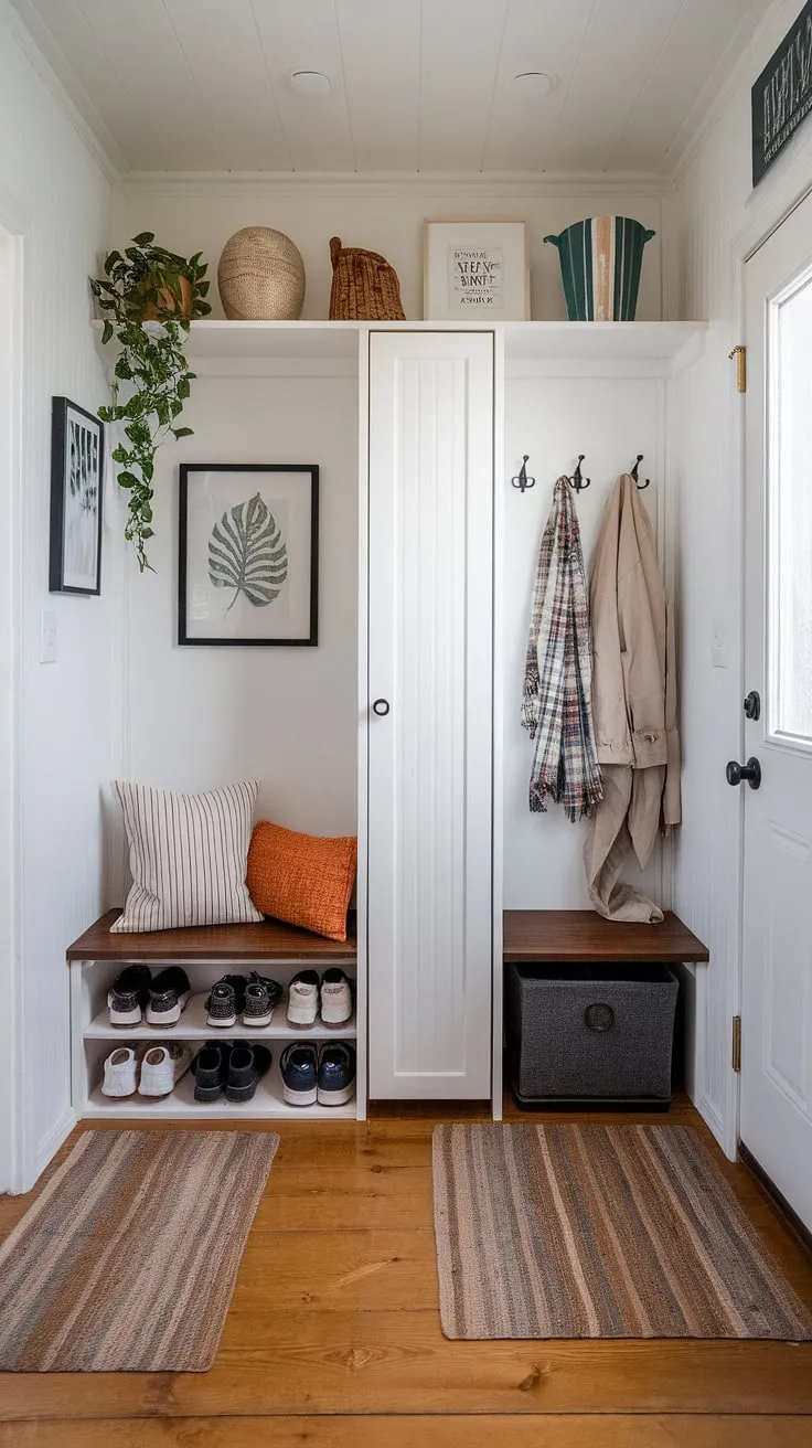 Maximize space and style in this charming entryway nook. Small mudroom ideas come alive with clever shoe storage, a narrow entryway closet, and shelf and hooks, perfect for tiny home entryway organization.