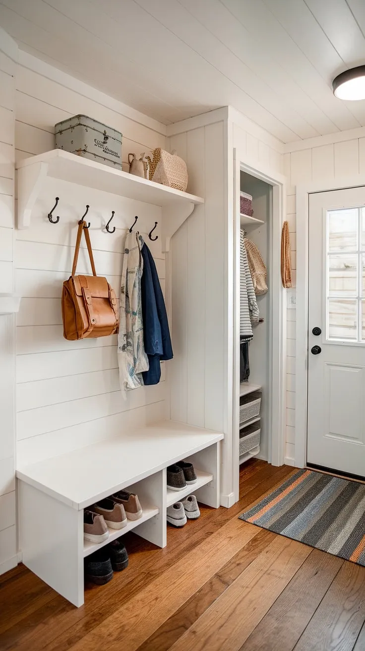 This tiny hallway's entryway nook boasts brilliant small entrance ideas. A built-in entryway storage bench, plus a narrow entryway closet and shelf and hooks, offer ample entryway storage ideas for even the smallest homes. Perfect small mudroom ideas for shoe storage.