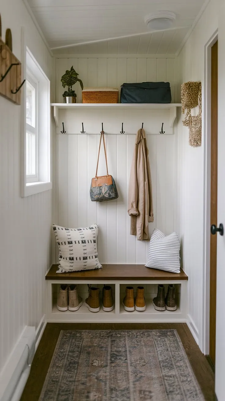 Maximize space and style in this charming entryway nook. Clever small mudroom ideas, including a storage bench and shelf with hooks, transform a narrow entryway into a functional and organized tiny home entryway. Perfect small entrance ideas and narrow entryway closet ideas for efficient home entrance organization and entryway storage ideas. This showcases entryway storage bench ideas and tiny hallway ideas for shoe storage.