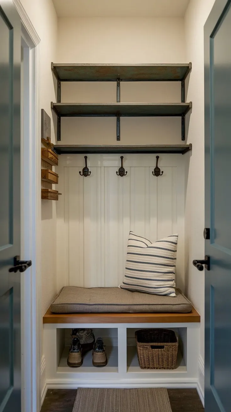 Maximize your small space with this functional entryway nook. Clever shelf and hooks, combined with an entryway storage bench, provide ample shoe storage and home entrance organization. Perfect for small mudroom ideas, narrow entryway closet ideas, or even a tiny home entryway, this setup offers stylish and practical entryway storage ideas and entryway storage bench ideas. The light and airy feel makes it ideal for tiny hallway ideas, transforming a small entrance into a welcoming and organized space.